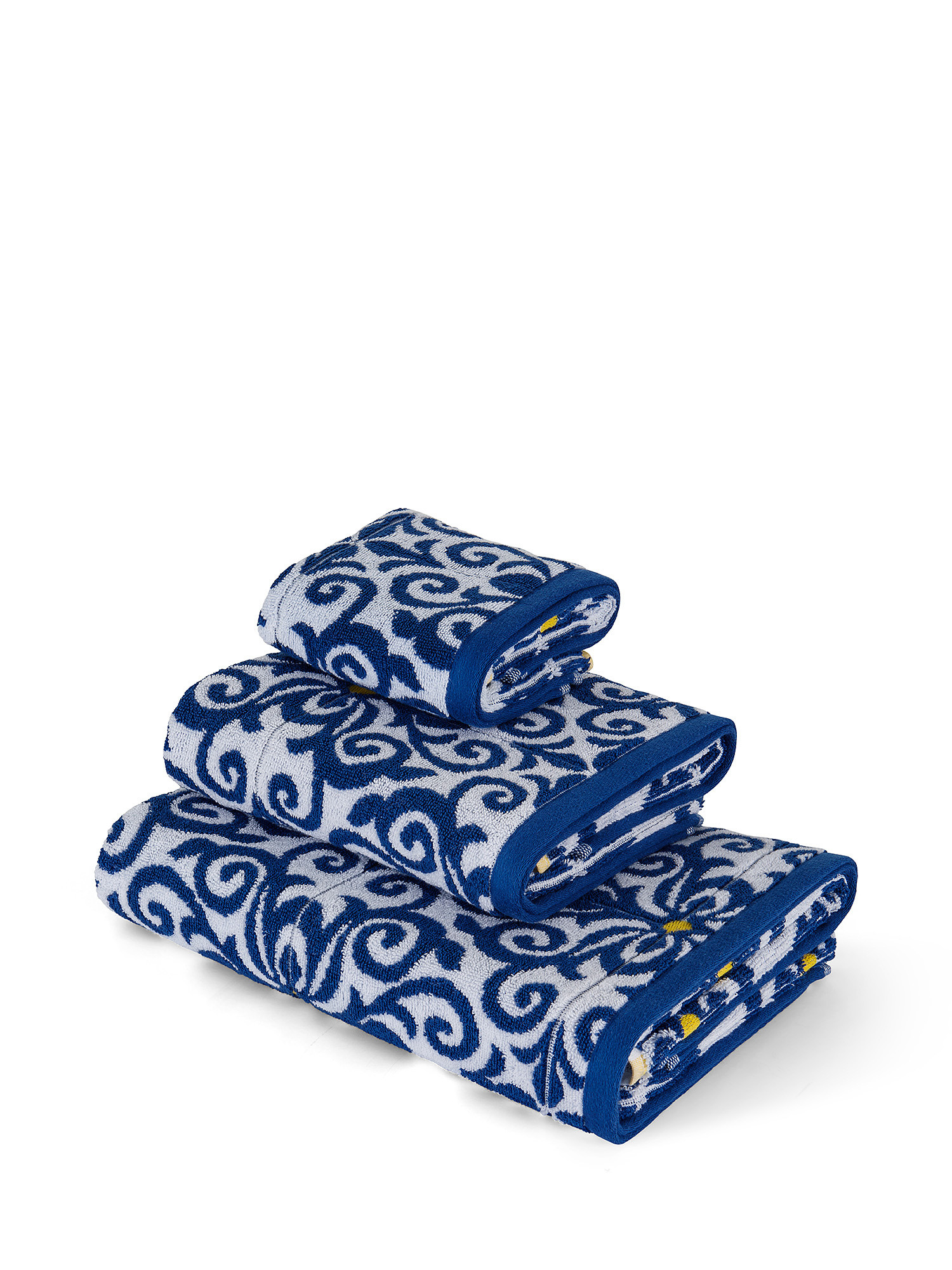 Asciugamano cotone tinto filo motivo maioliche, Blu, large image number 0