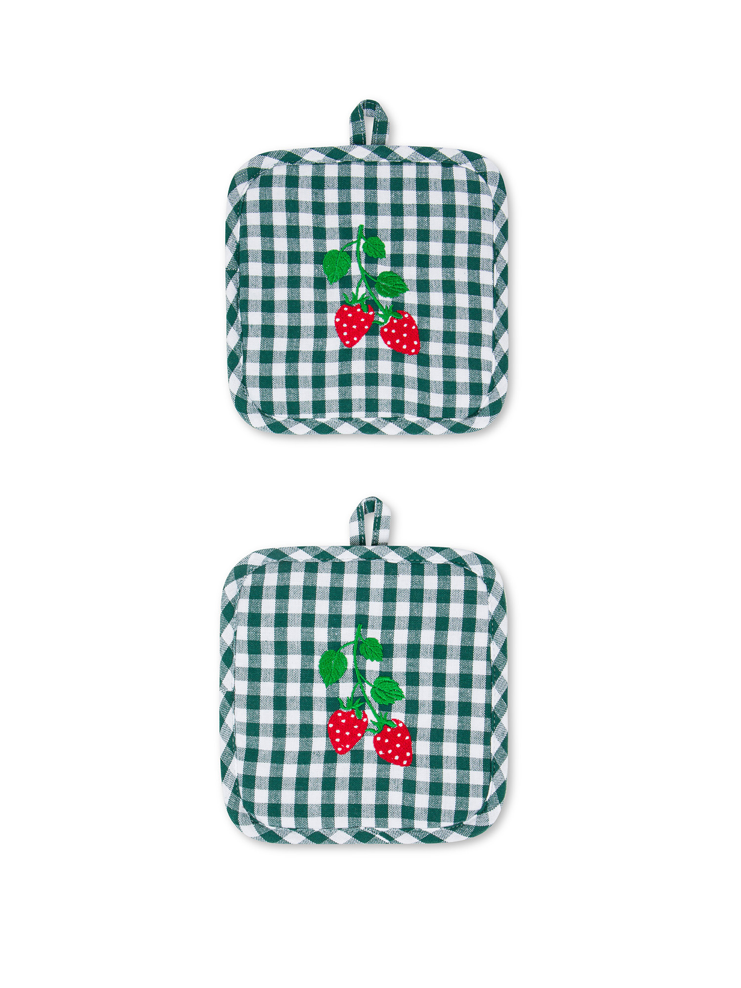 Set of 2 vichy cotton pot holders with strawberry embroidery, Dark Green, large image number 0