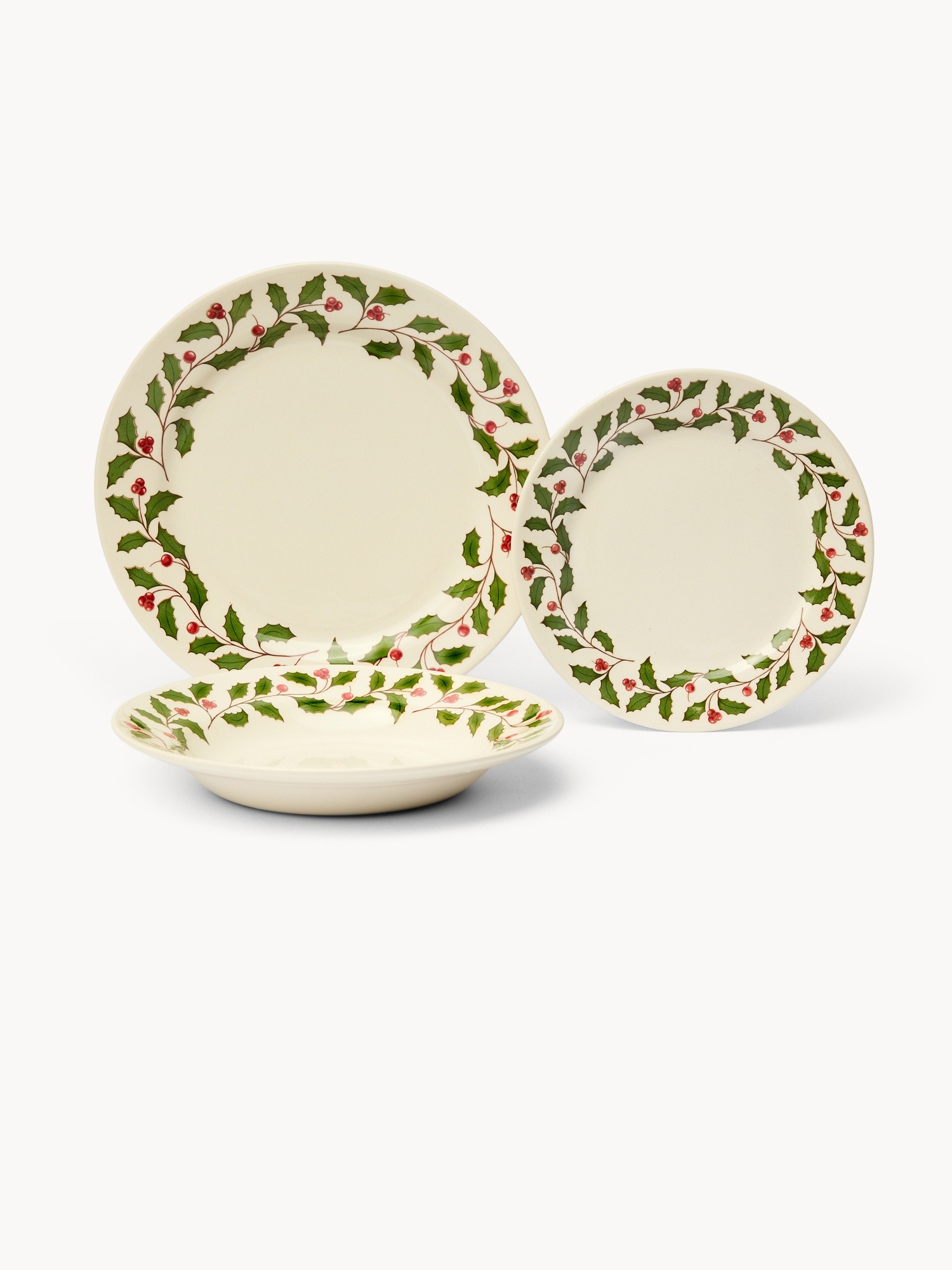 Set of 18 ceramic plates with holly motif, White, large image number 0