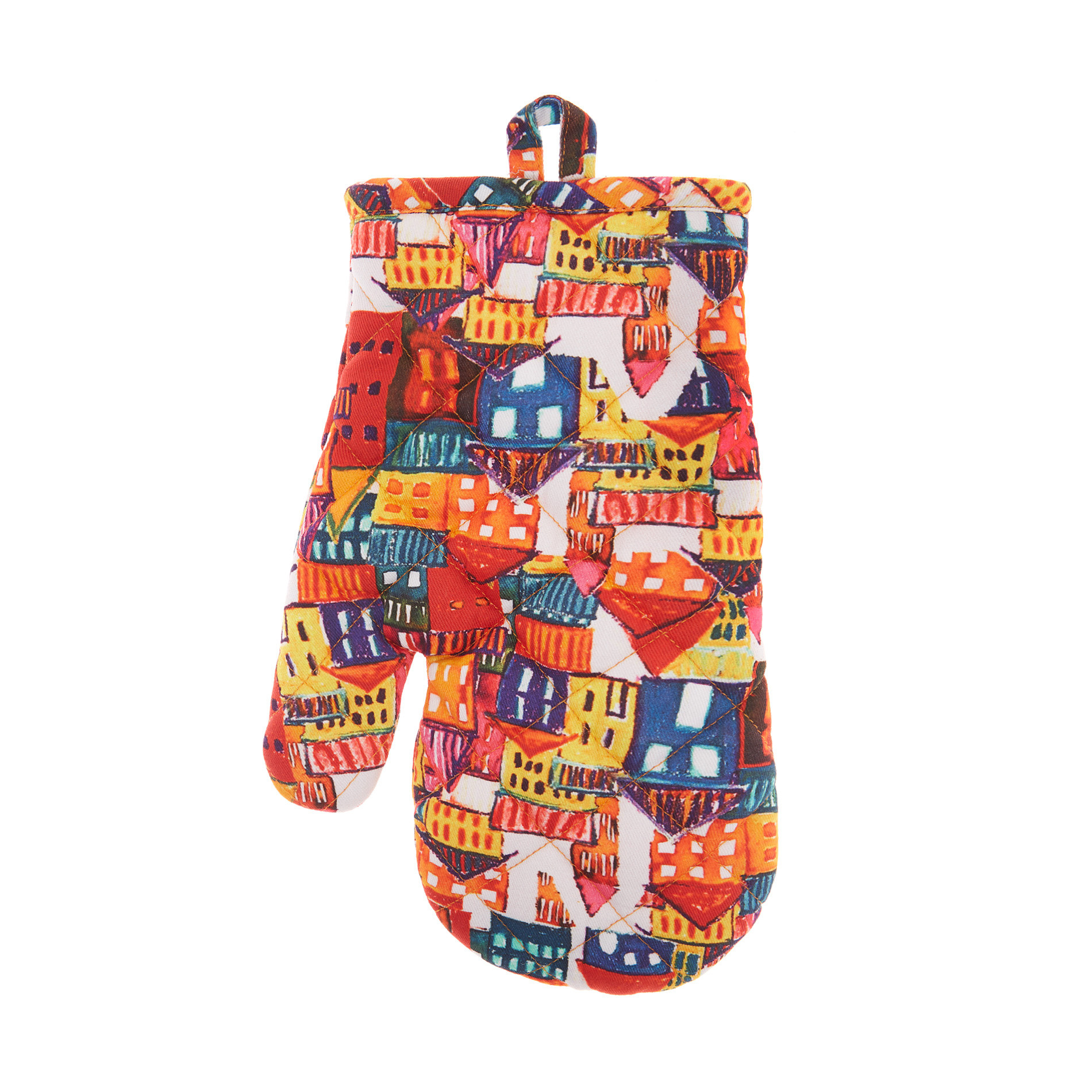 Oven mitt in cotton twill with house print, Multicolor, large image number 0