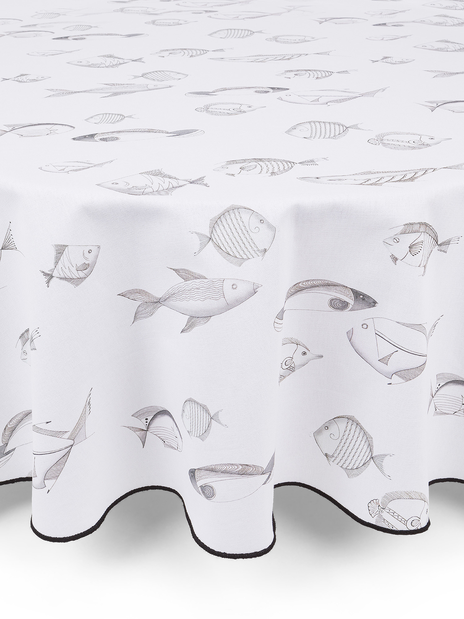 Round cotton tablecloth with graphic fish pattern, White, large image number 0
