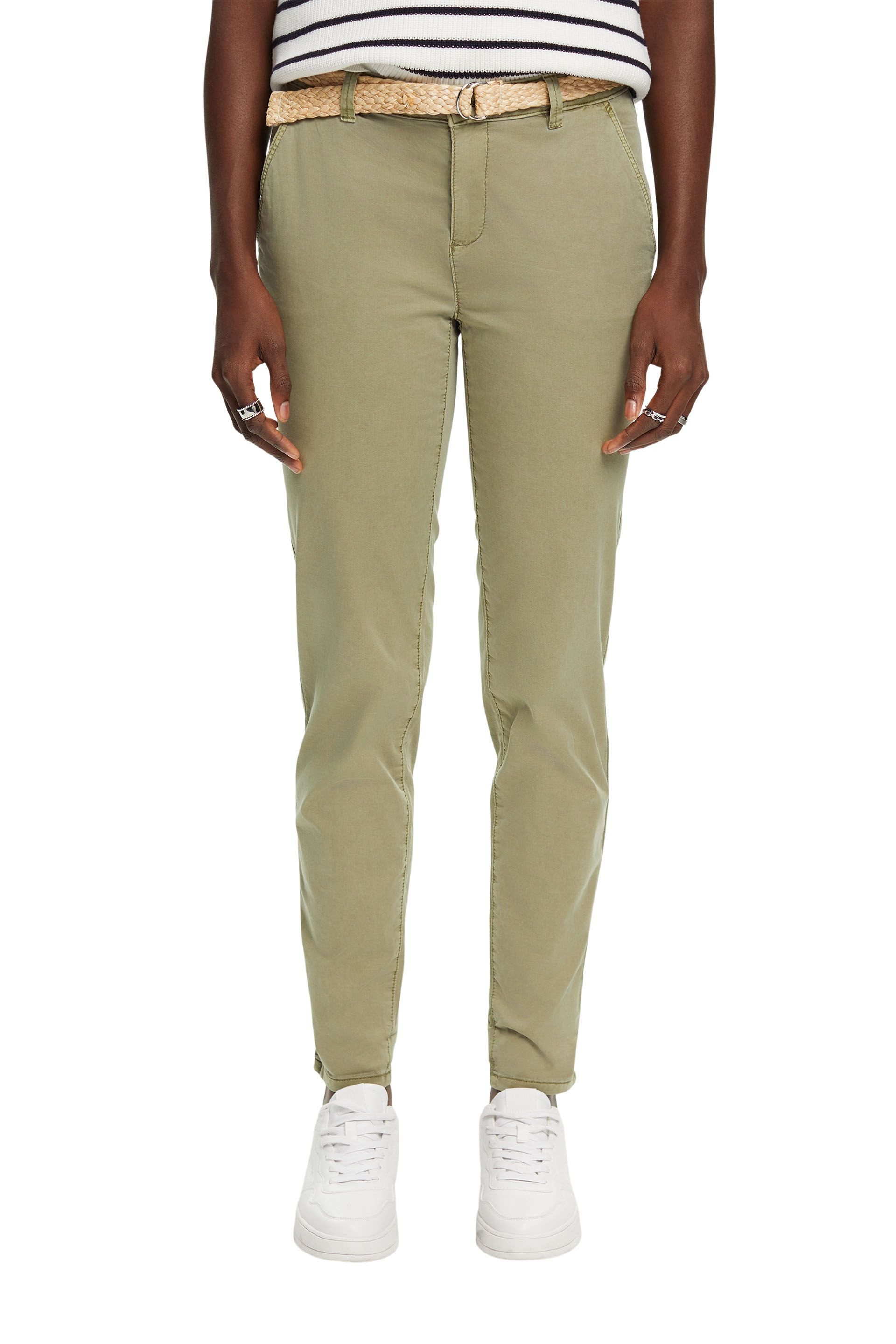 Esprit - Pantaloni chino cropped con cintura, Verde salvia, large image number 1