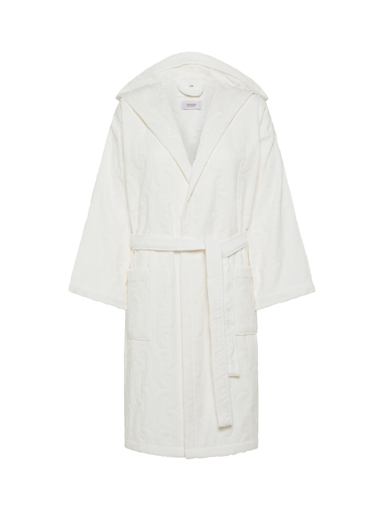 Cotton velour bathrobe with geometric relief pattern, White, large image number 0