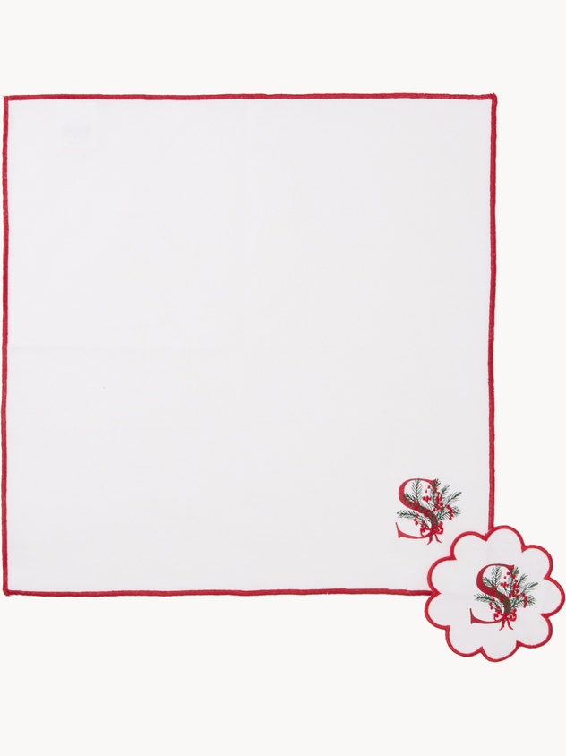 Napkin and coaster set with embroidered letter