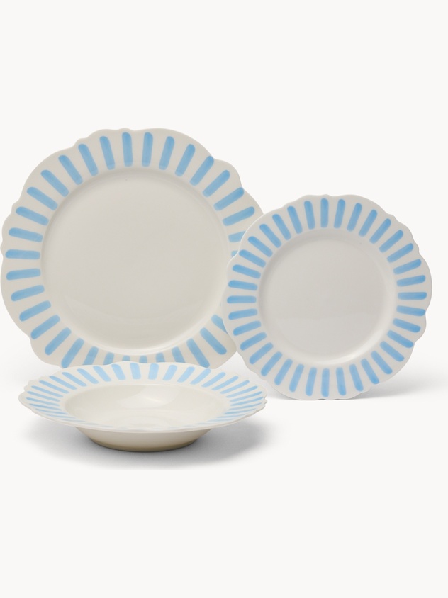 Set of 18 New Bone China Plates with Blue Stripes - Introductory Price