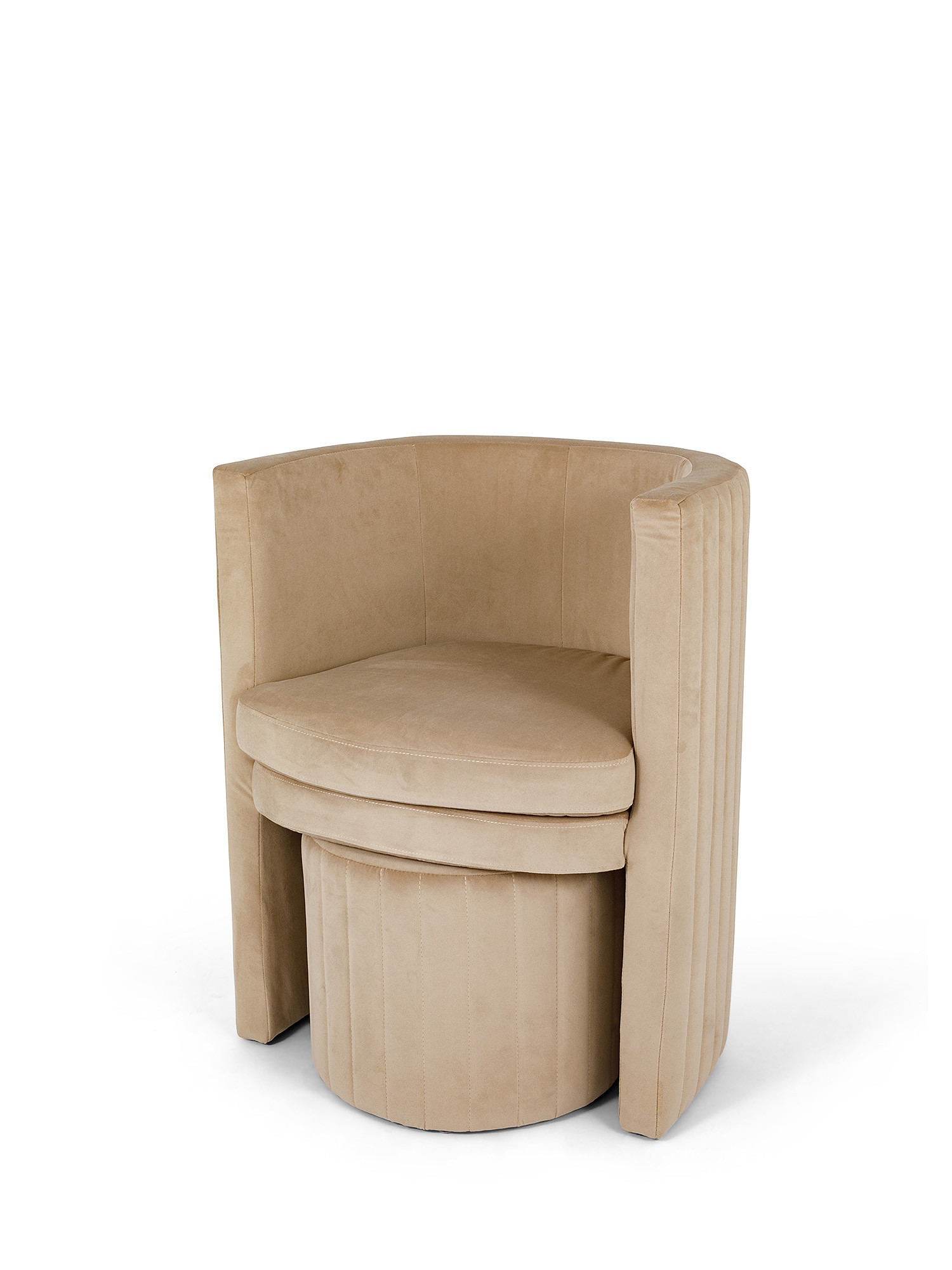 Round velvet armchair and stool set, Beige, large image number 1