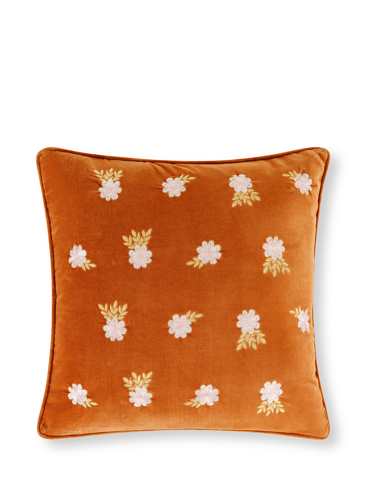 Cuscino velluto ricamo fiori 45x45cm, Arancione, large image number 0