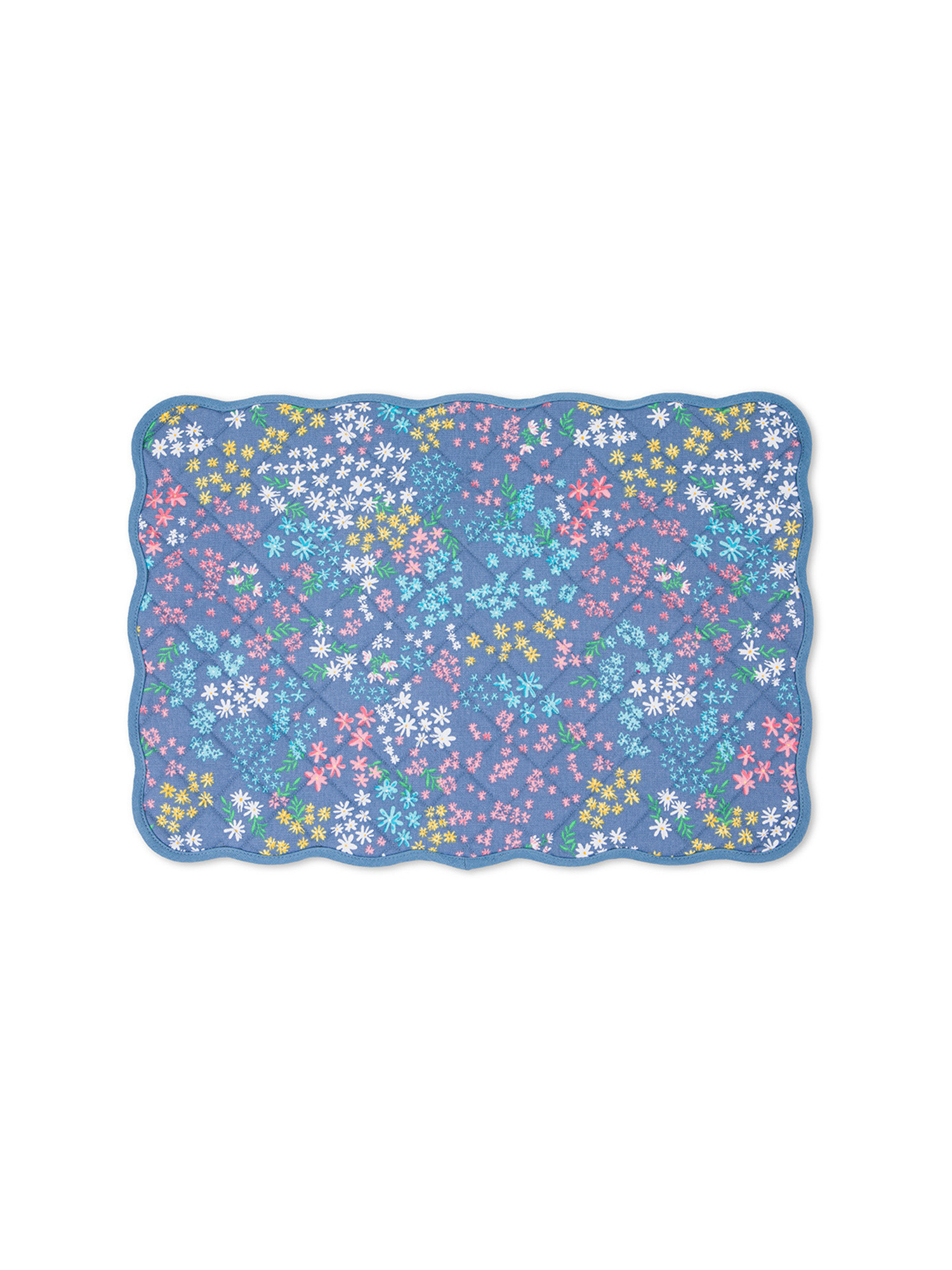 Pure cotton quilted placemat with flower print, Blue, large image number 0