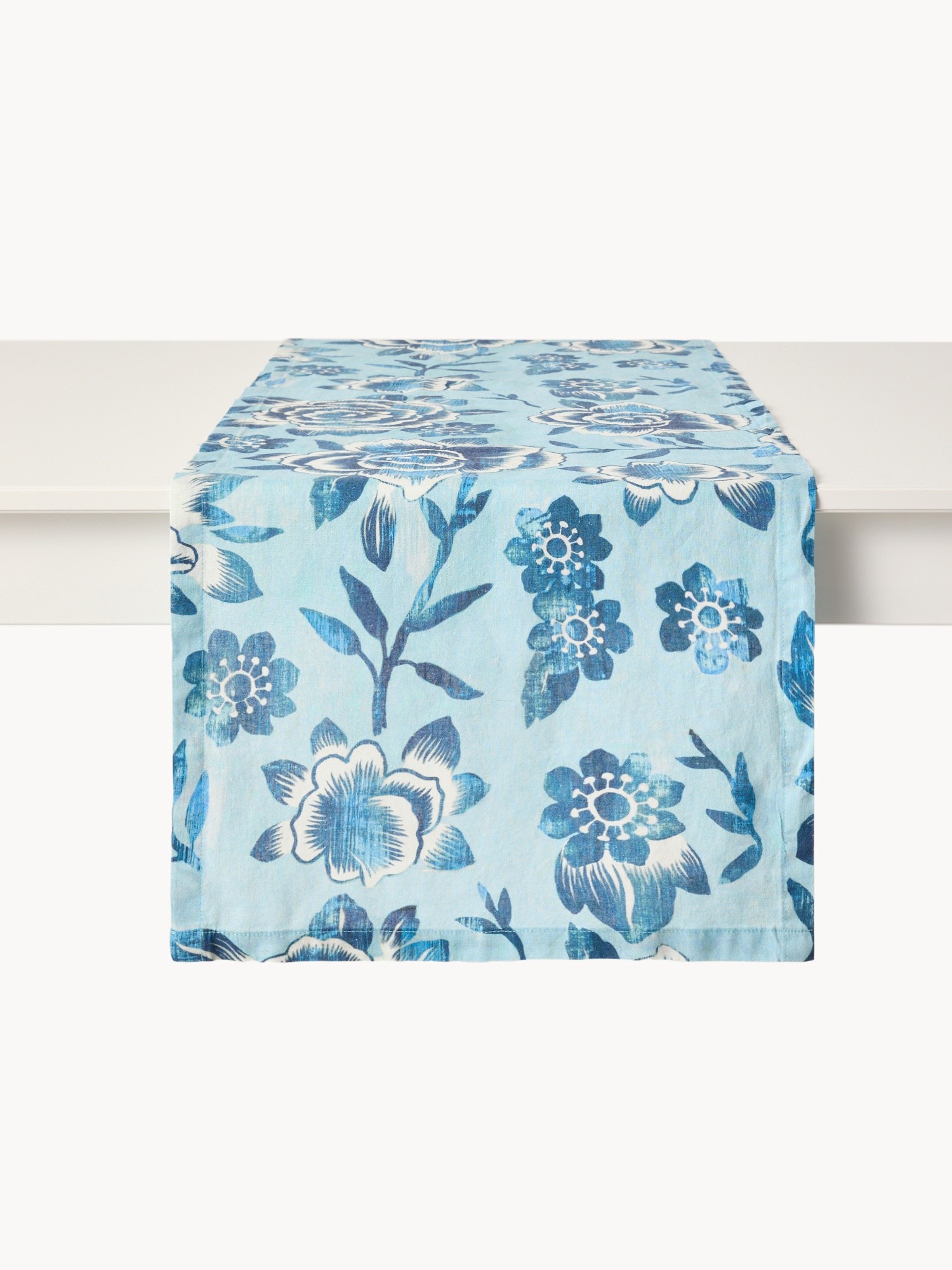 Runner in misto lino con stampa floreale, Azzurro, large image number 1