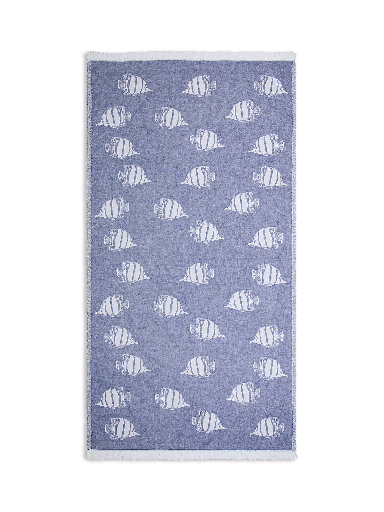 Cotton hammam towel with fish motif, Blue, large image number 0
