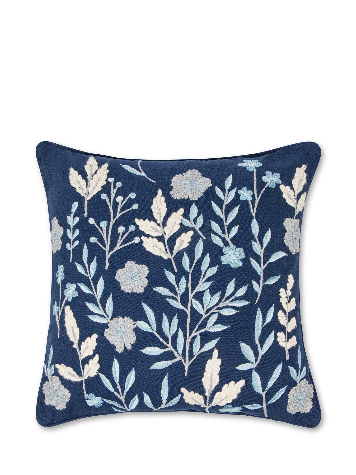 Cuscino ricamato fiori e foglie 45X45cm, Blu, large image number 0