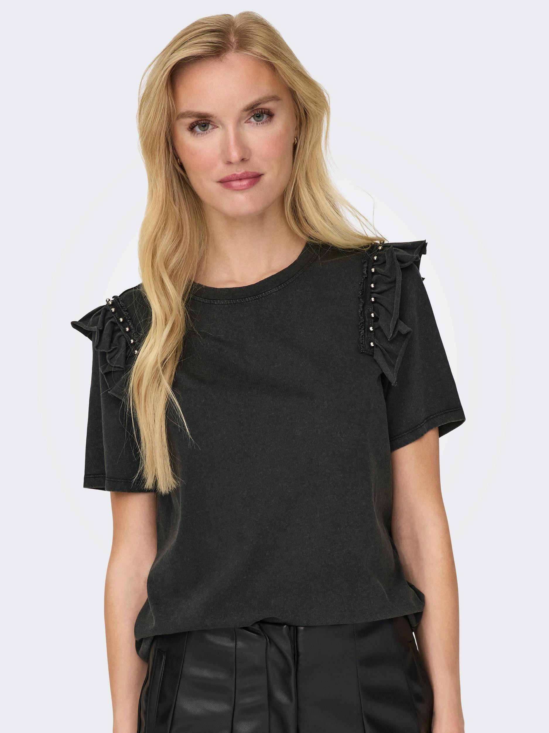 Only - Regular fit cotton T-shirt with ruffles, Black, large image number 4
