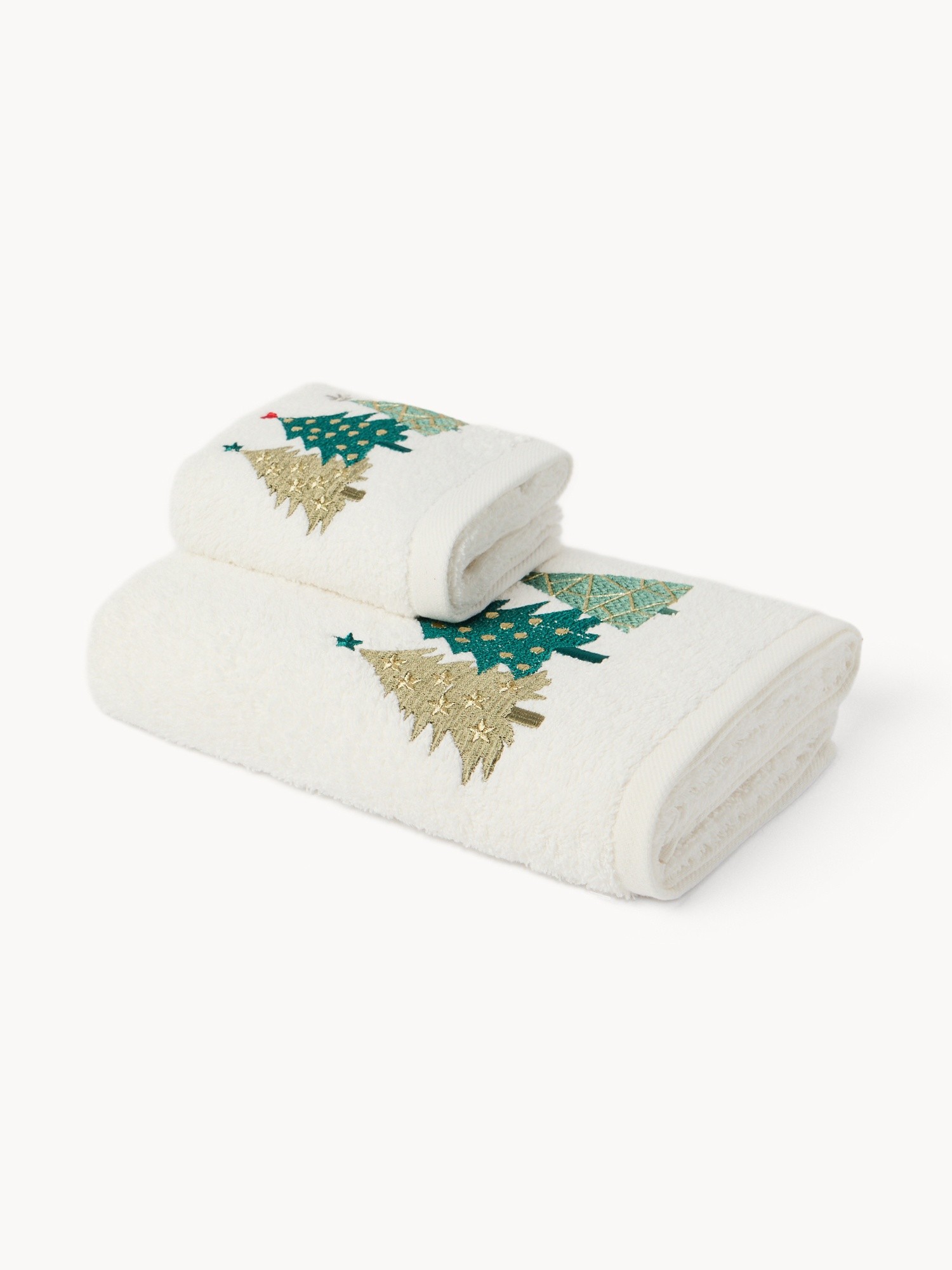 Set 2 asciugamani in spugna di cotone con alberi di Natale ricamati, Bianco, large image number 0