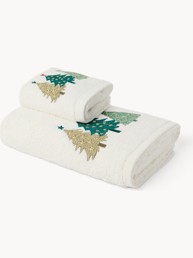 Set 2 asciugamani in spugna di cotone con alberi di Natale ricamati