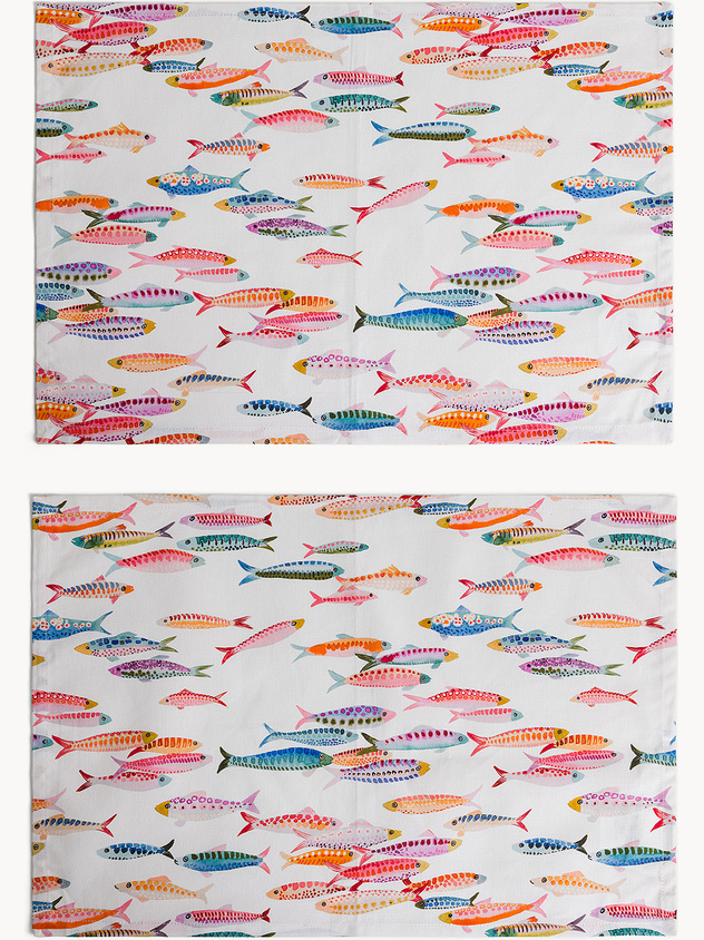 Set of 2 pure cotton panama placemats with fish print