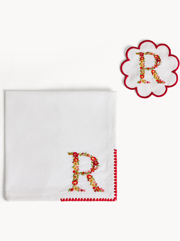 Napkin and coaster set with embroidered letter R