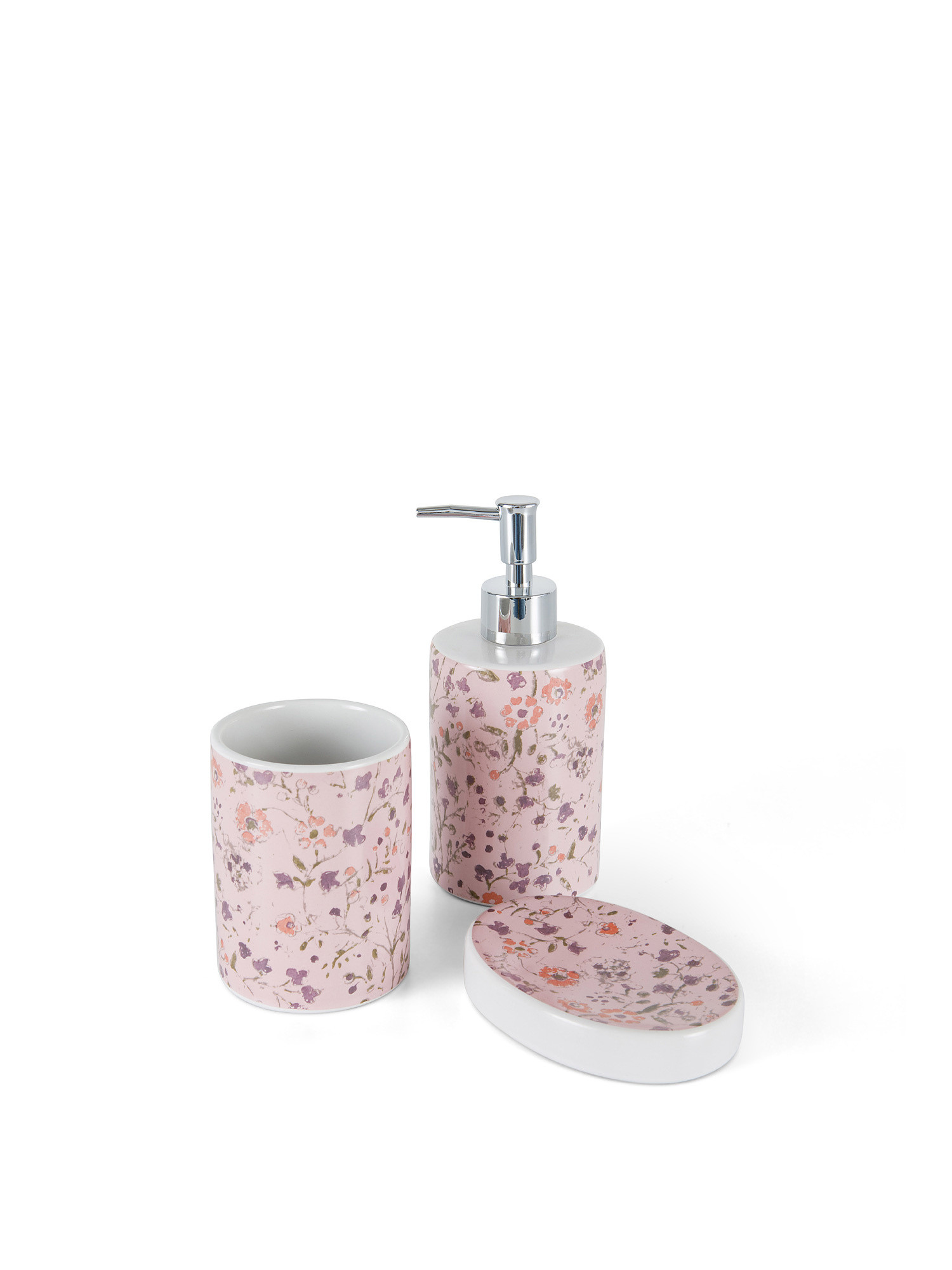 Set 3 accessori bagno ceramica motivo fiorellini, Multicolor, large