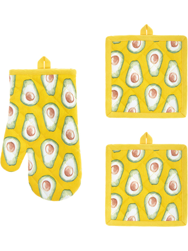 Set of 2 pot holders and kitchen mitt in pure cotton with avocado print