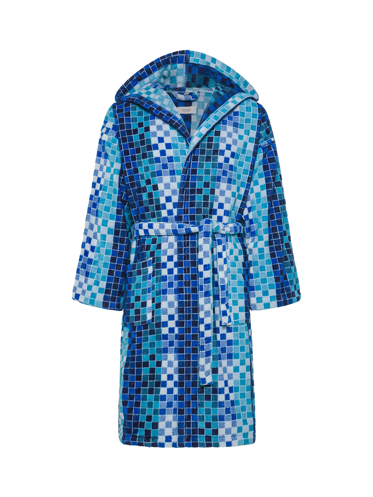 Mosaic effect cotton velour bathrobe, Blue, large image number 0