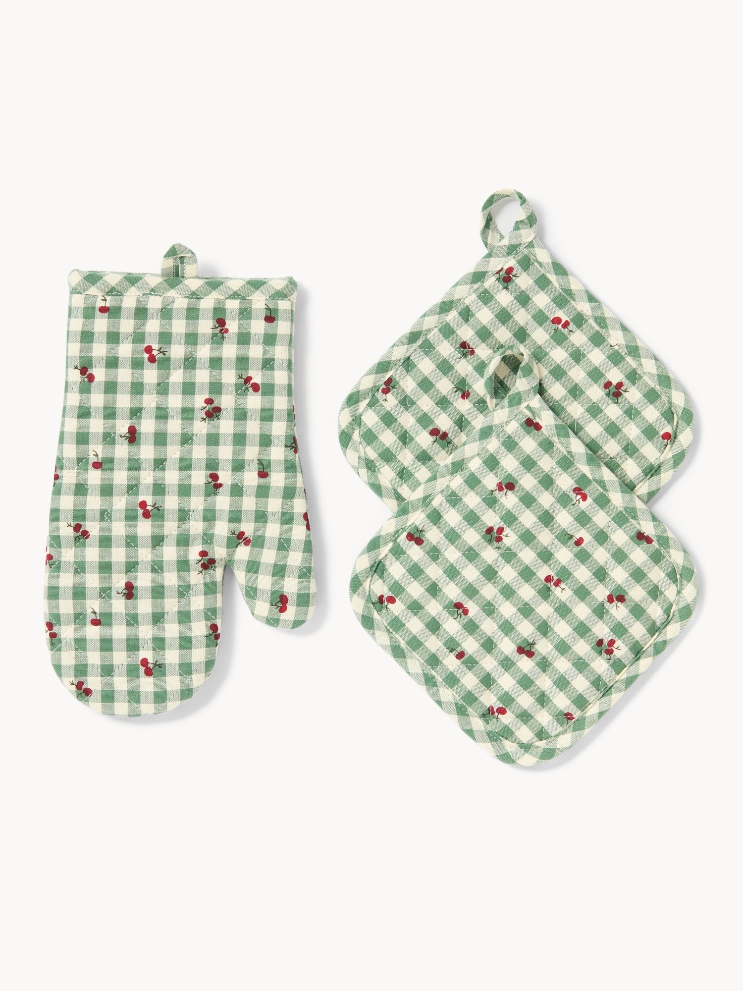 Set guanto da cucina e due presine in puro cotone tinto filo vichy con stampa ciliegie - Prezzo di lancio, Verde, large image number 0