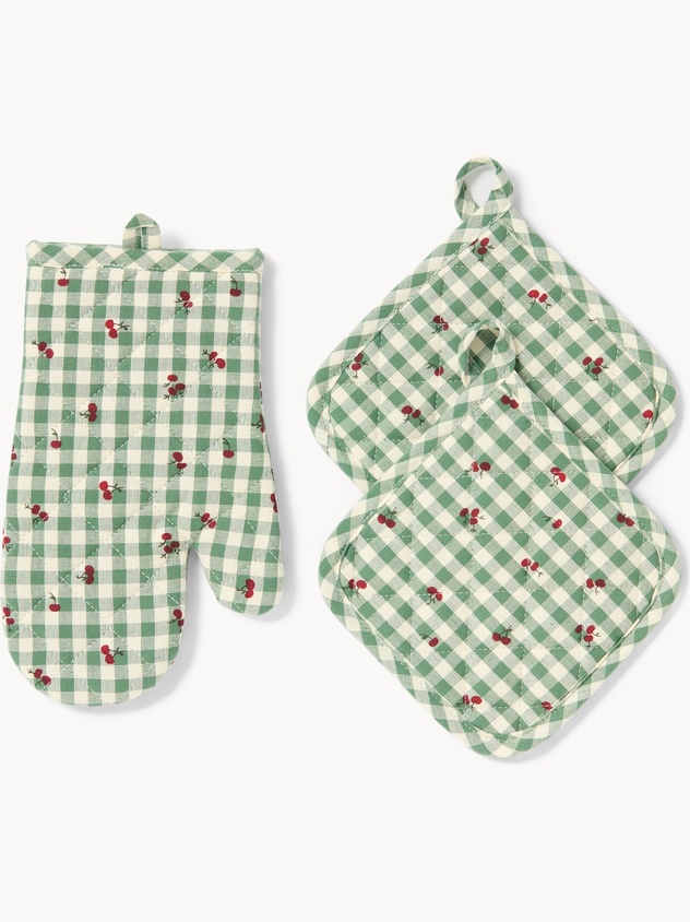 Set guanto da cucina e due presine in puro cotone tinto filo vichy con stampa ciliegie - Prezzo di lancio
