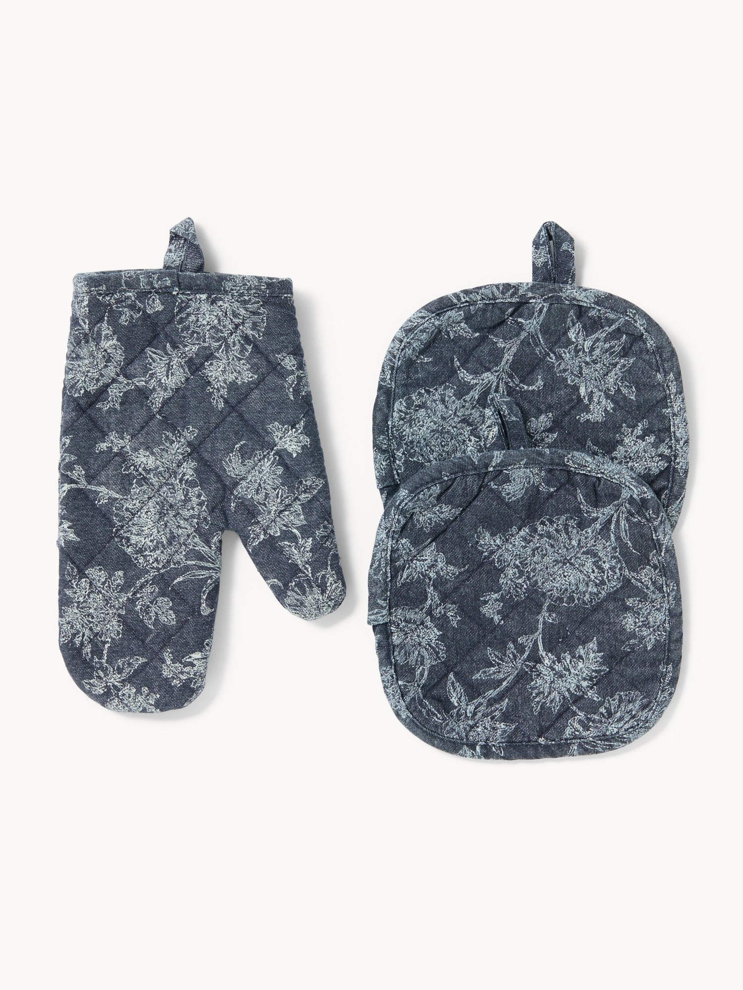 Set of 1 Cotton Twill Oven Mitt and 2 Pot Holders with Denim-Effect Floral Print - Discounted Price, Blue, large image number 0