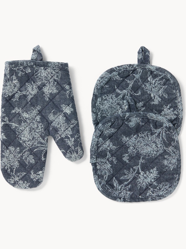 Set of 1 Cotton Twill Oven Mitt and 2 Pot Holders with Denim-Effect Floral Print - Discounted Price