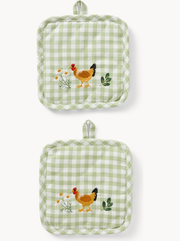 Set of 2 embroidered gingham cotton pot holders