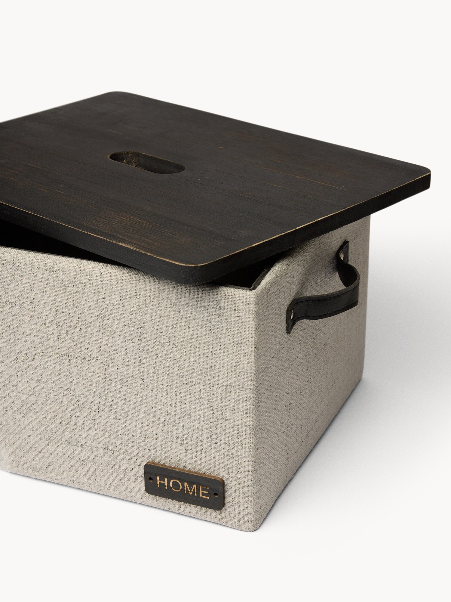 Fabric Hamper with Wooden Lid - Discounted Price, Black, large image number 1