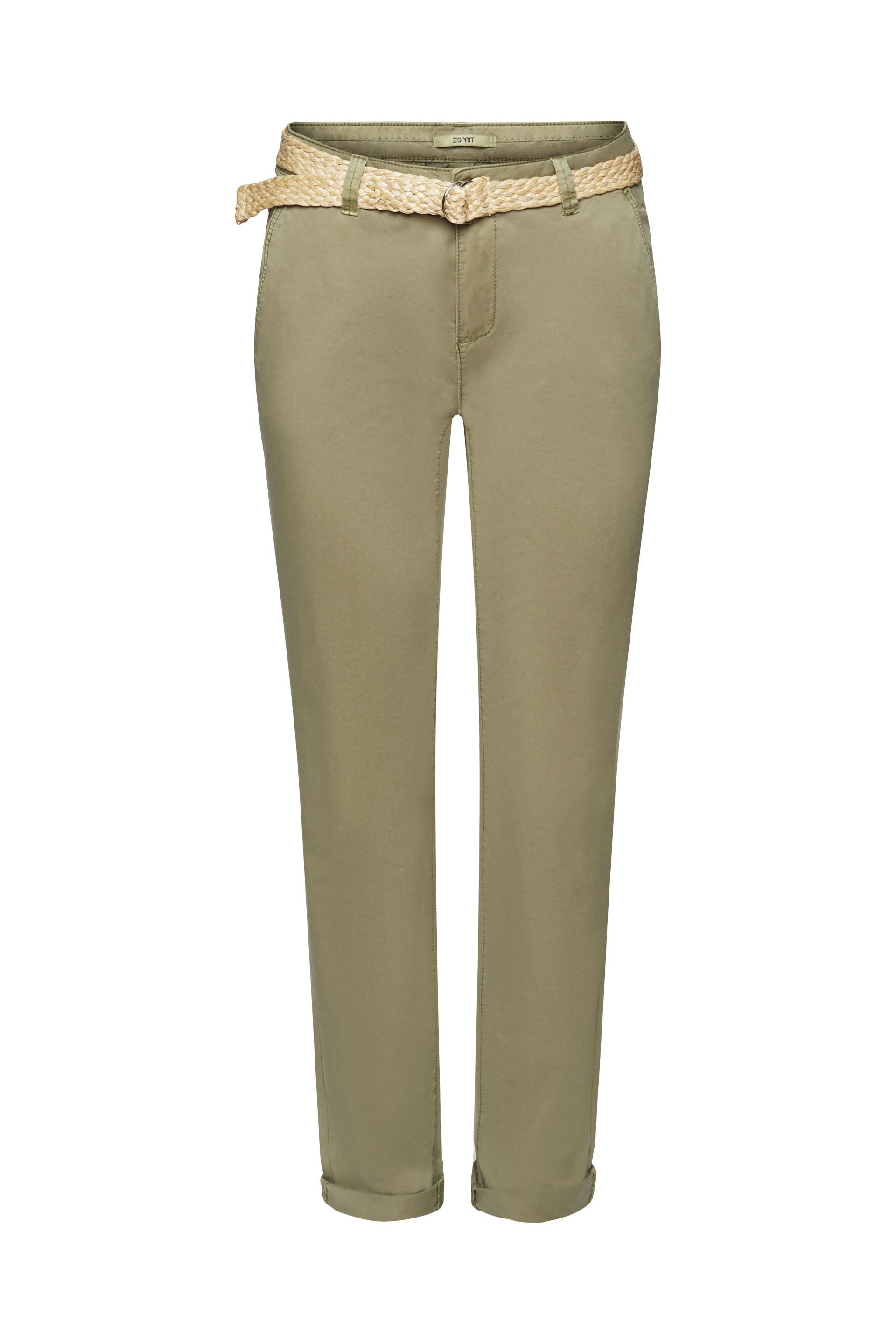 Esprit - Pantaloni chino cropped con cintura, Verde salvia, large image number 0