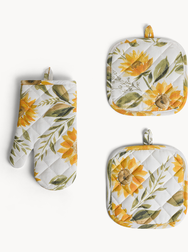 Set 2 presine e guanto da cucina panama di cotone stampa girasoli