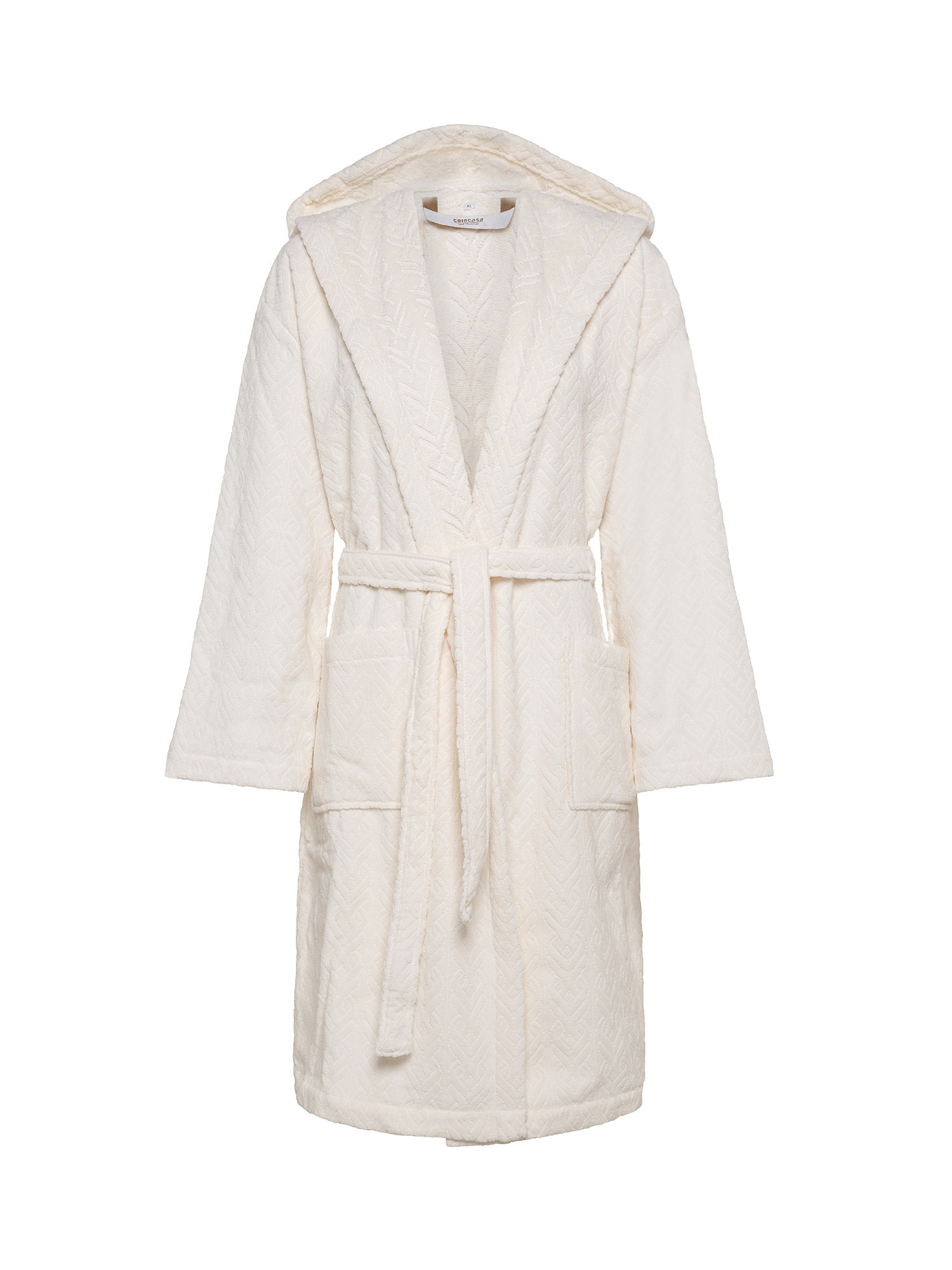 Women's bathrobe and slippers set in velor cotton terry with relief pattern, Cream, large image number 0