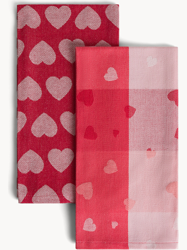 Set of 2 pure cotton tea towels with jacquard hearts