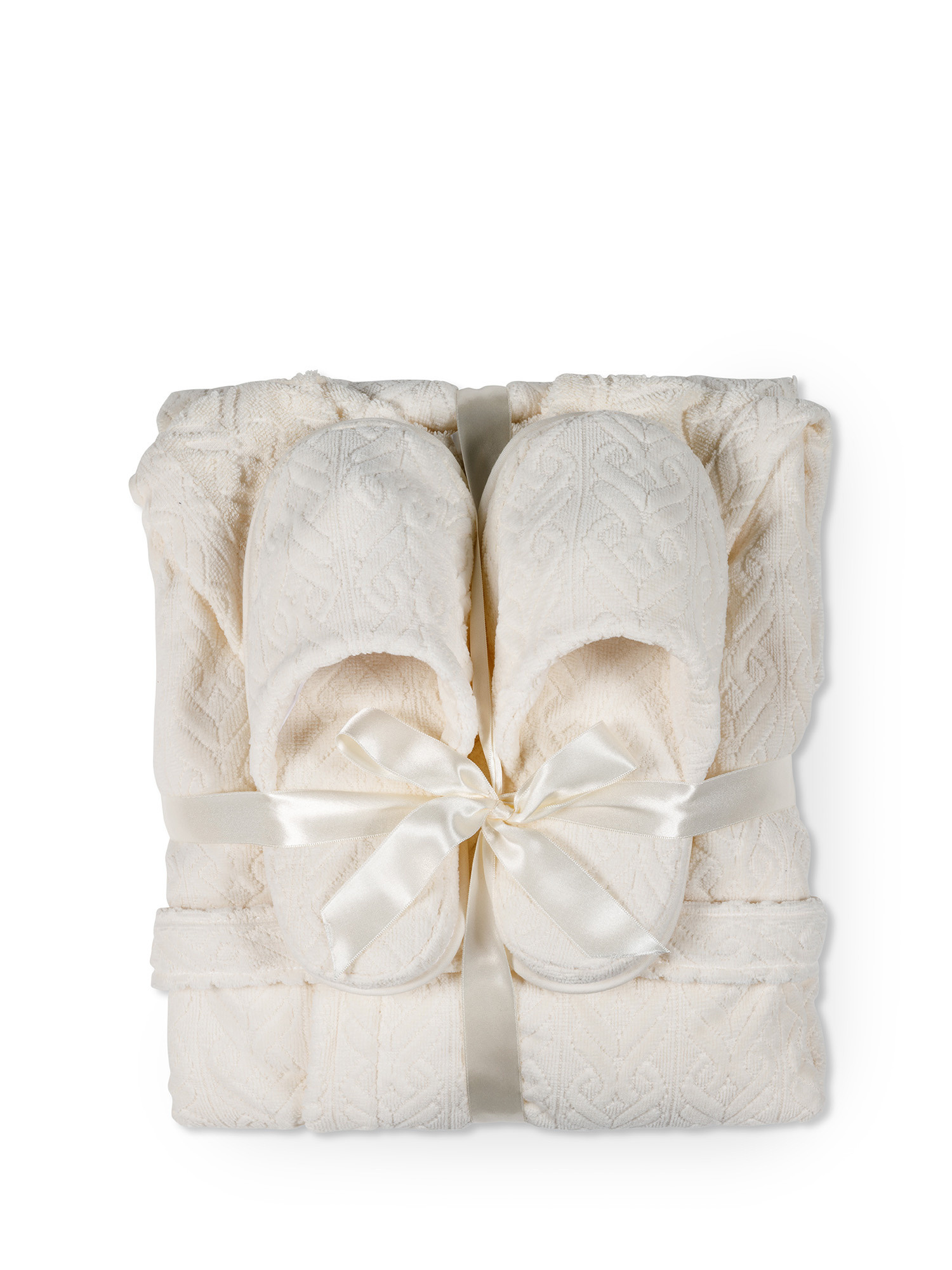 Women's bathrobe and slippers set in velor cotton terry with relief pattern, Cream, large image number 2