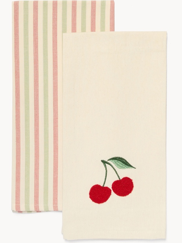 Set di 2 strofinacci in puro cotone ricamo ciliegia - Prezzo di lancio