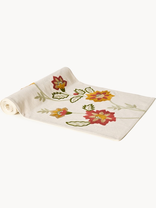 Embroidered floral cotton table runner