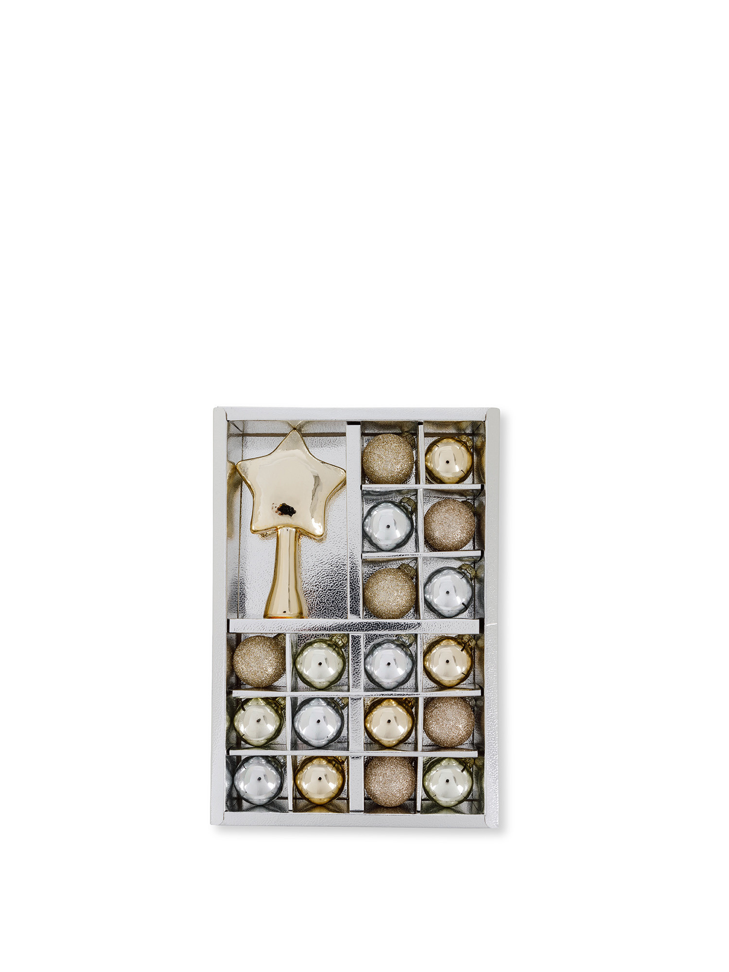 Box per mini albero di 18 palline e puntale, Grigio argento, large image number 0