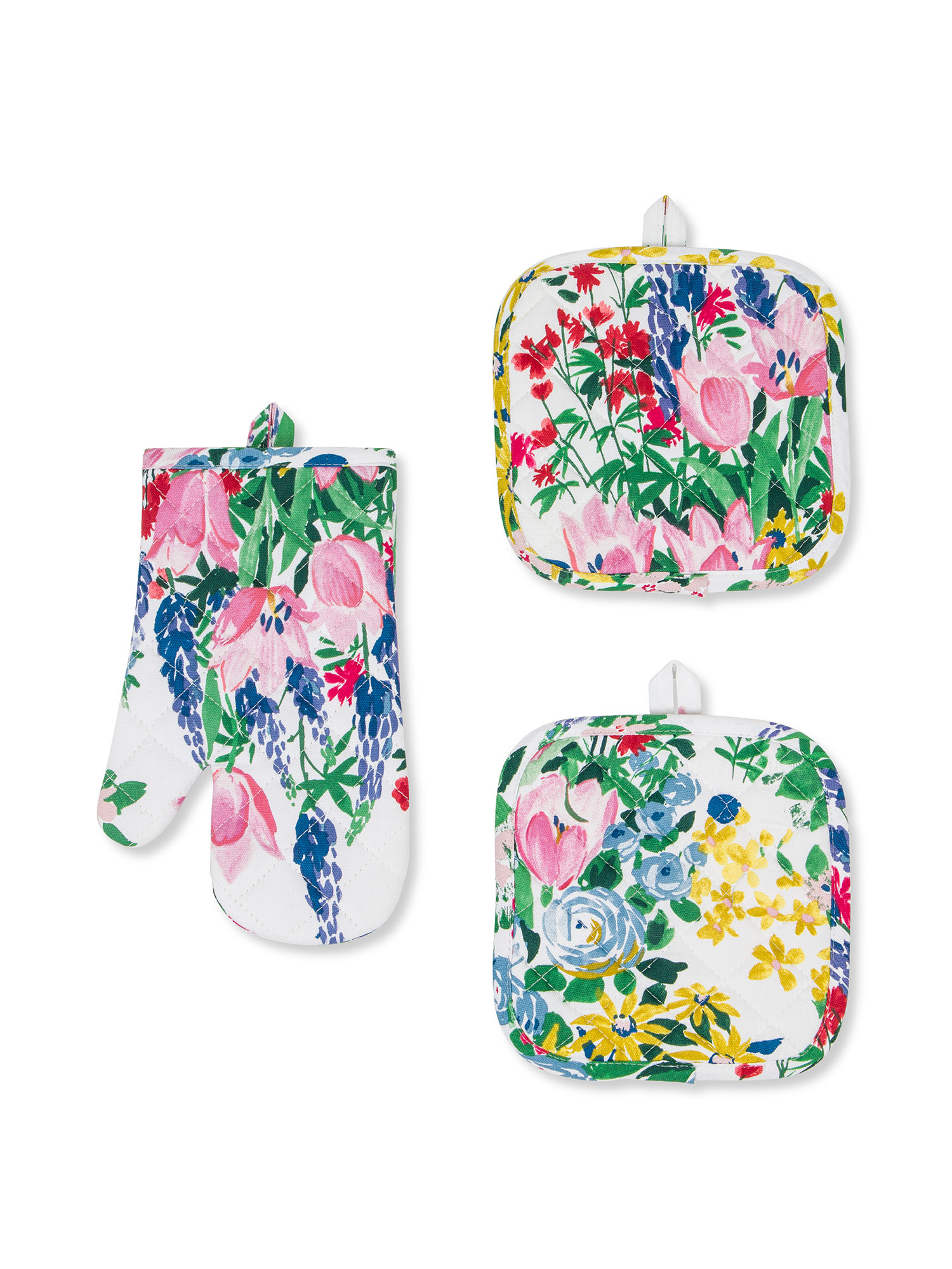 Set of 2 panama pot holders and kitchen glove with flower print cotton, Multicolor, large image number 0