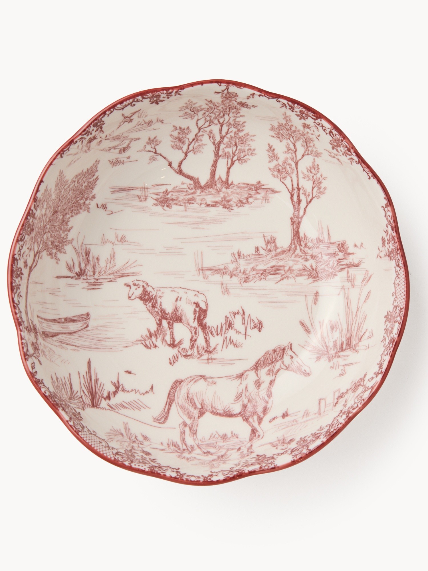 Porcelain salad bowl with a Toile de Jouy motif, Bianco/Rosso, large image number 1