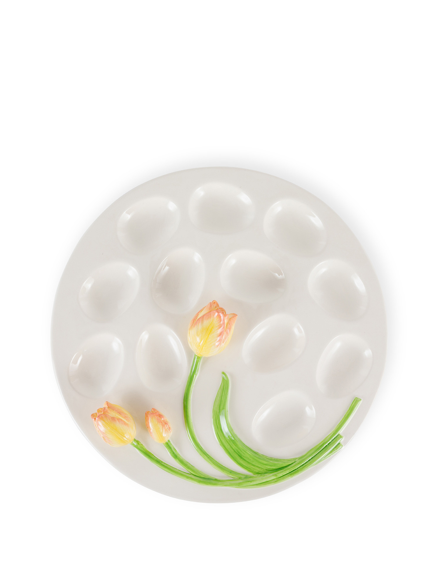 Piatto porta uova ceramica decoro tulipani, Bianco, large image number 0
