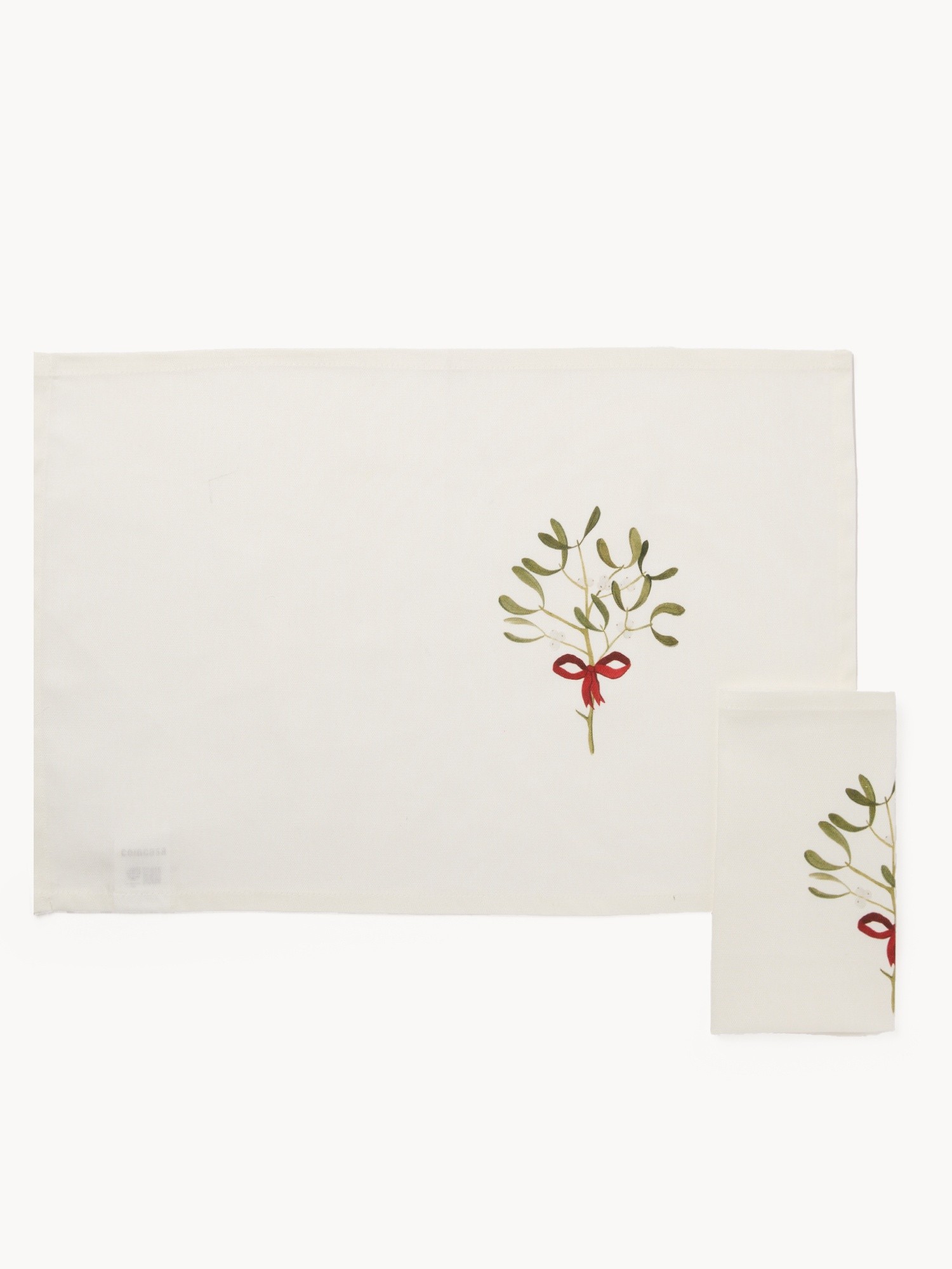 Pure cotton napkin and placemat set with a mistletoe print, White 1, large image number 0