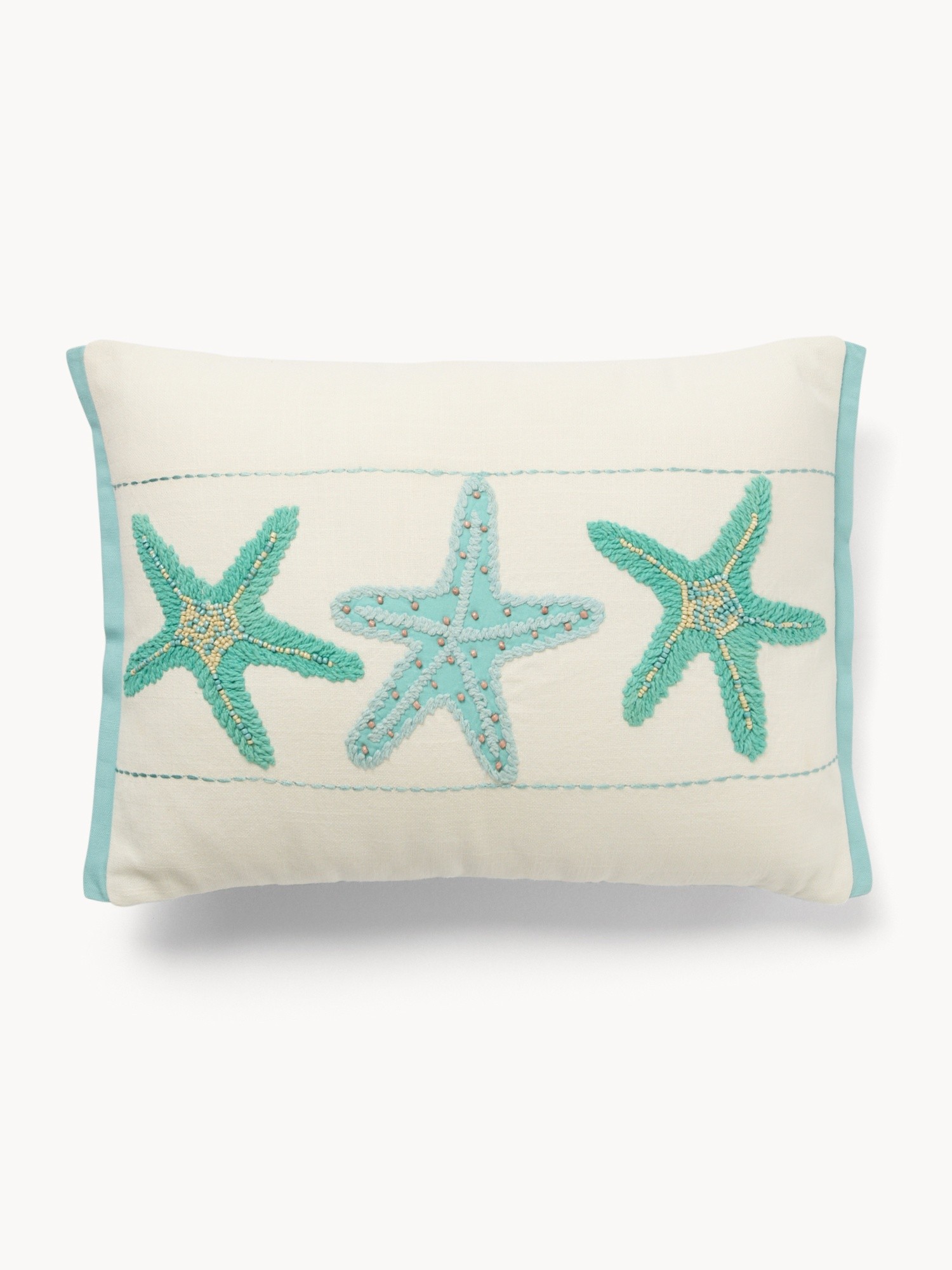 Cotton cushion with starfish embroidery,35x50cm - Introductory price, Bianco/Azzurro, large image number 0