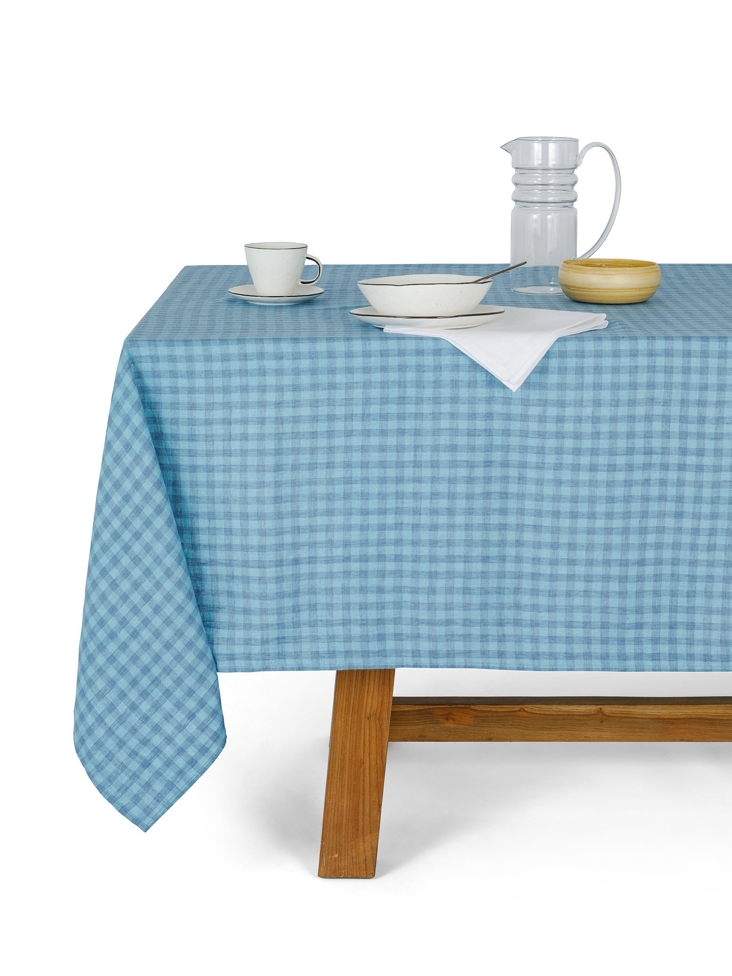 100% linen tablecloth with vichy motif, Light Blue, large image number 0