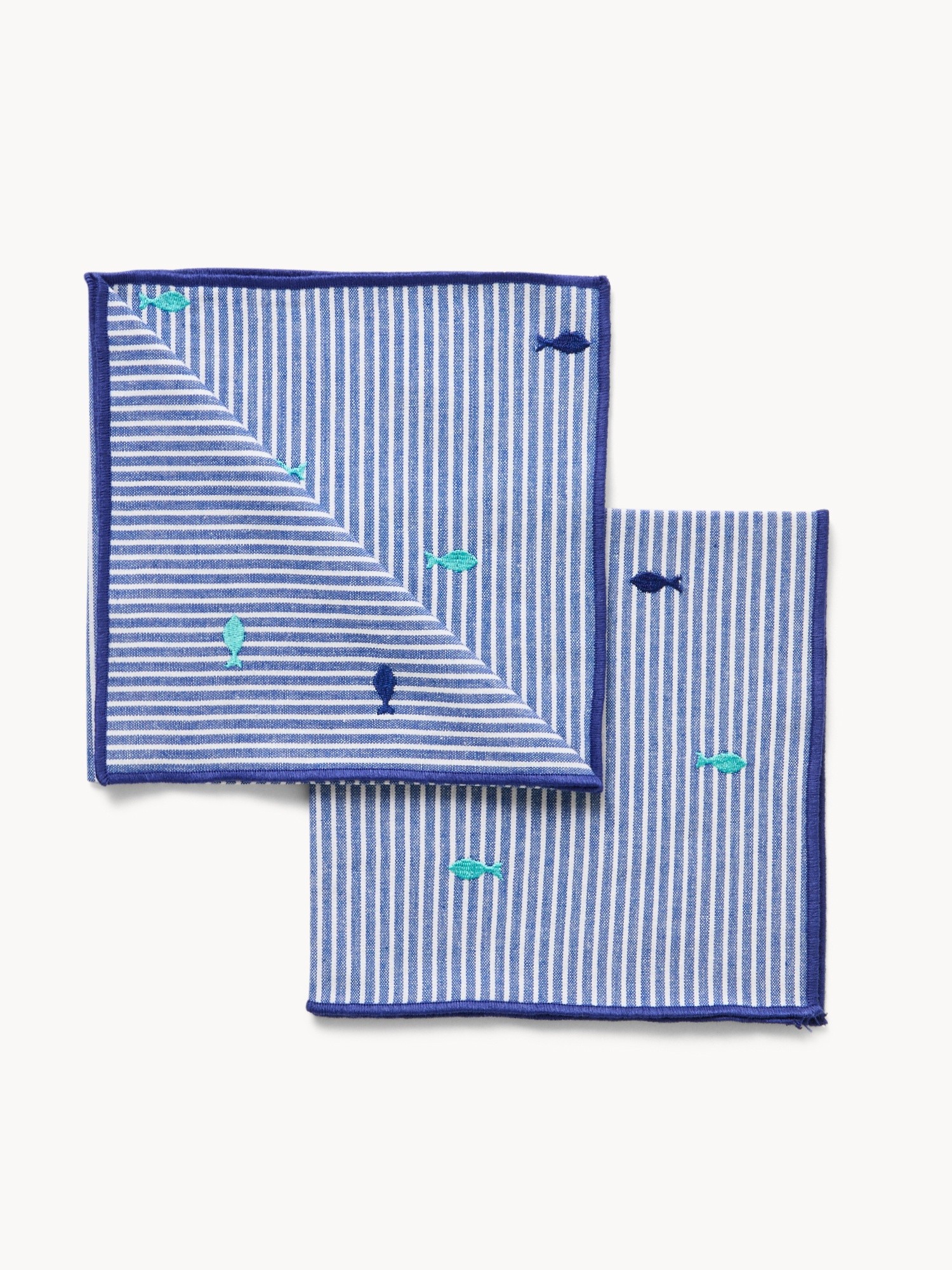 Set 2 tovaglioli in cotone a righe ricamo pesciolini, Bianco/Blu, large image number 0