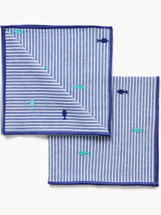 Set 2 tovaglioli in cotone a righe ricamo pesciolini