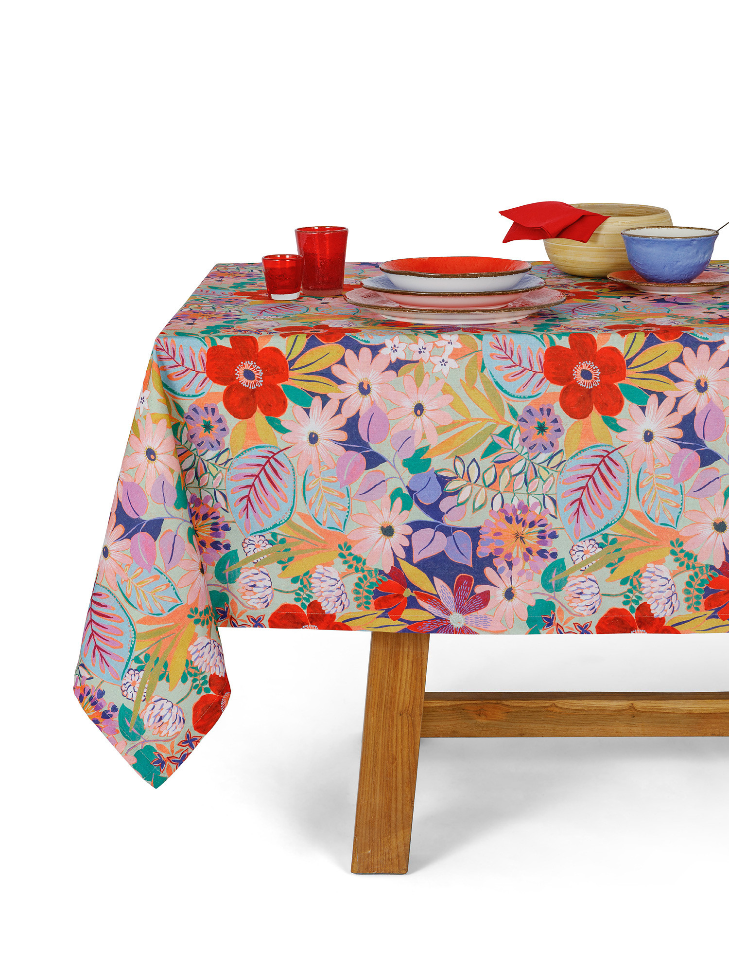 Cotton panama tablecloth with floral print, Multicolor, large image number 0