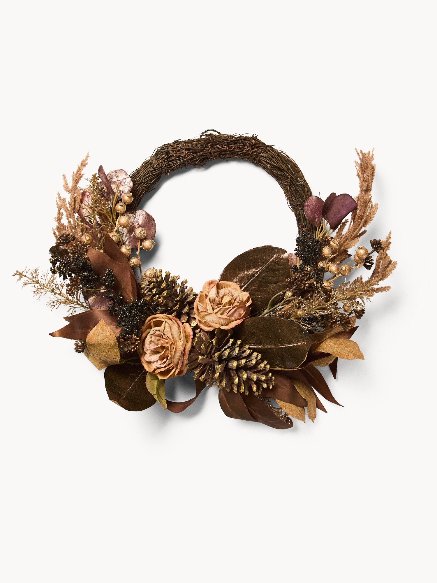 Corona con fiori finti autunnali, Marrone, large image number 0