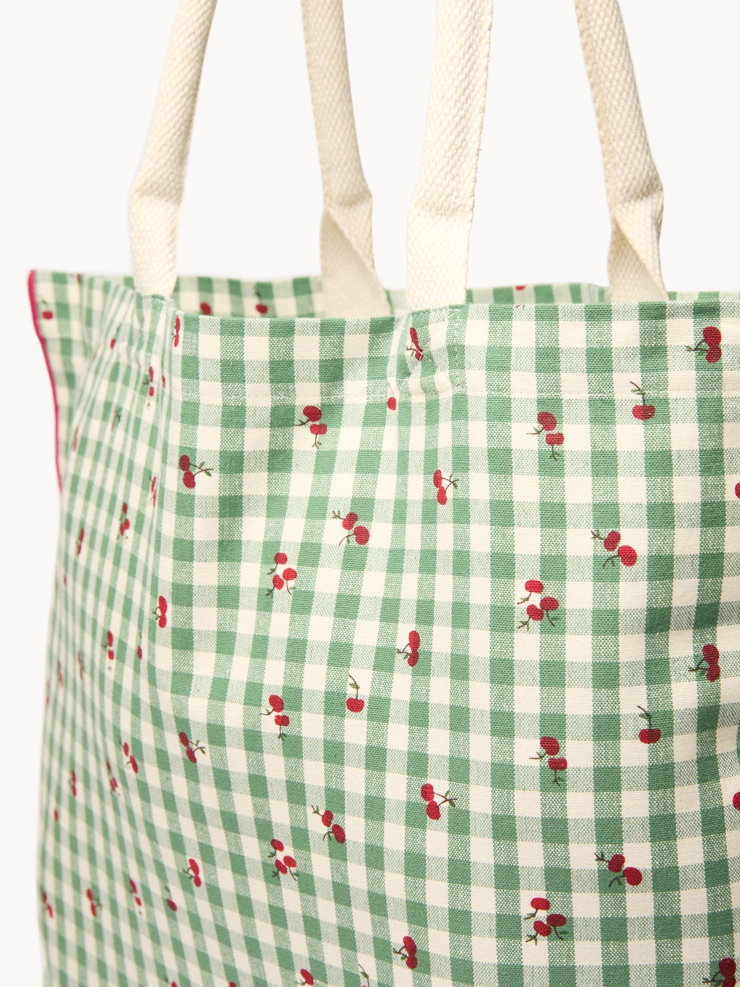 Shopper in puro cotone vichy con stampa ciliegie - Prezzo di lancio, Verde, large image number 2