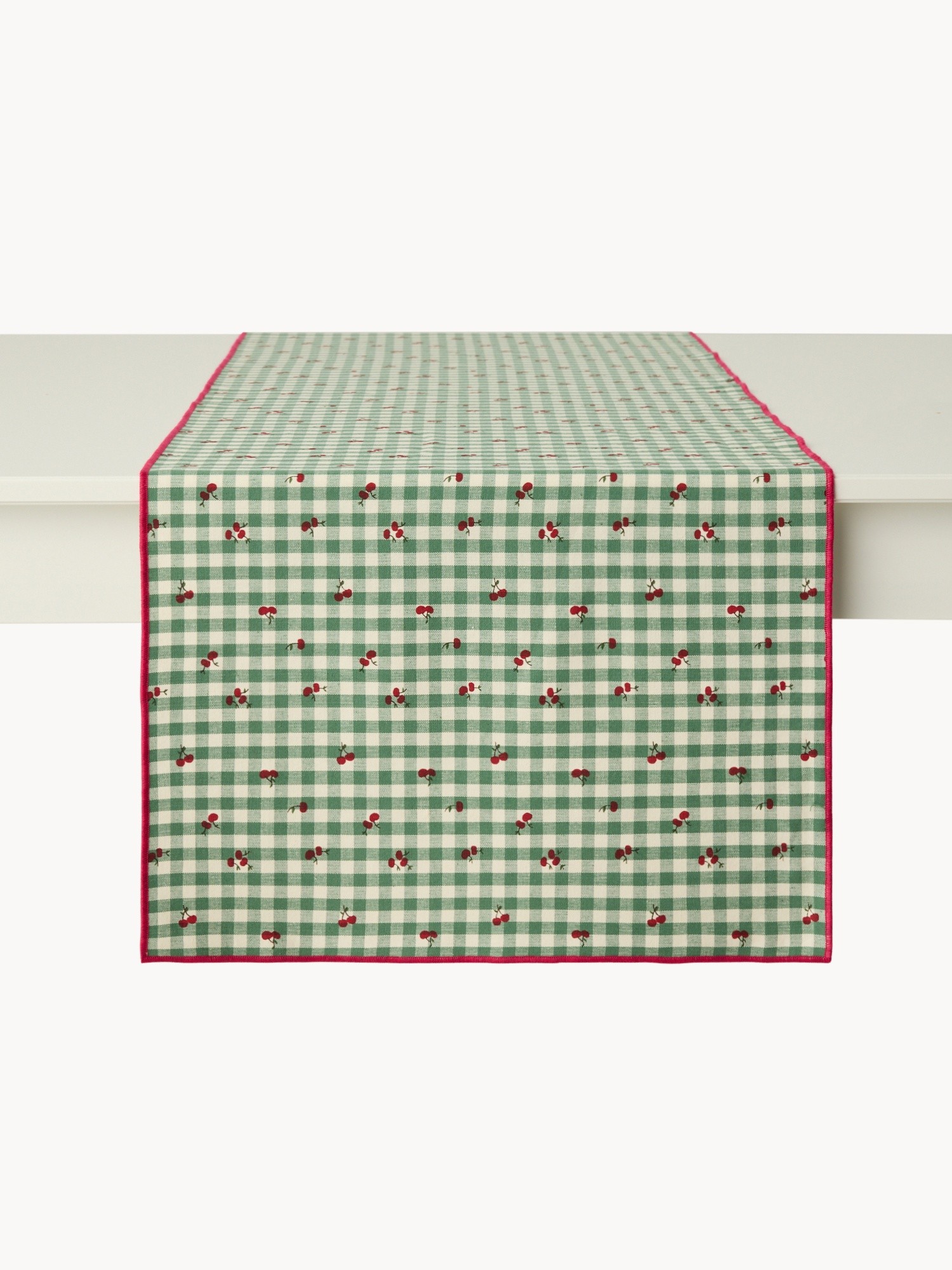 Runner in puro cotone vichy tinto filo con stampa ciliegie - Prezzo di lancio, Verde, large image number 1