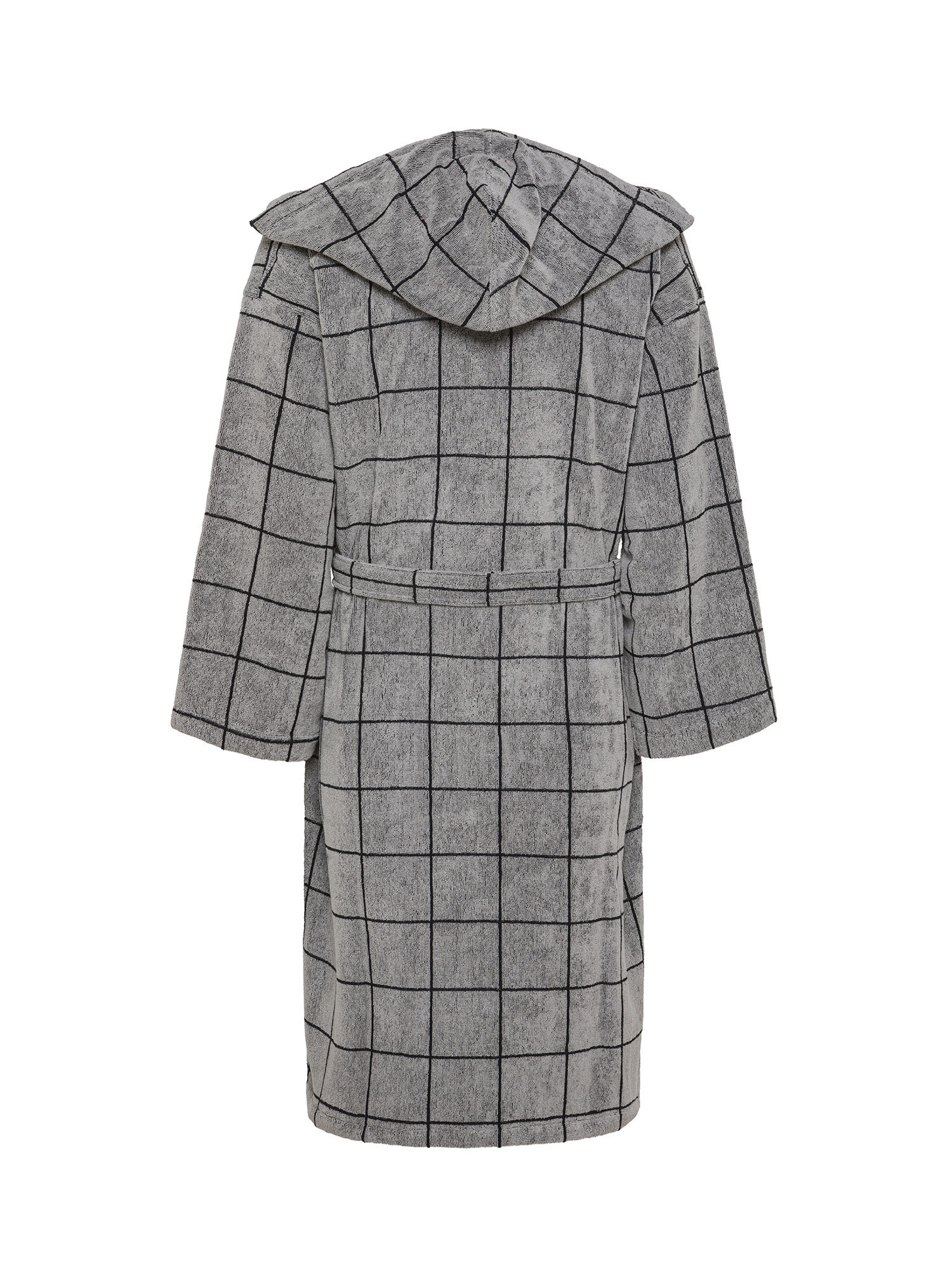 Bathrobe with hood in checked jacquard pure cotton terry, Black, large image number 1